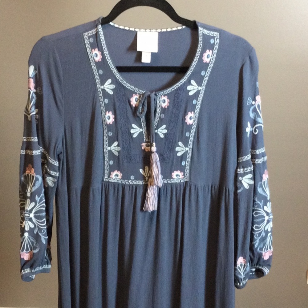 S Knox Rose Embroidered Navy Boho Midi Dress with Tassel Tie - Picture 5 of 14